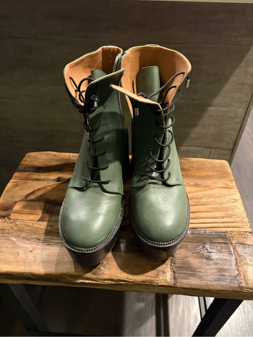 Free people Women's Green Leather Lace-Up Block Heel Boots
